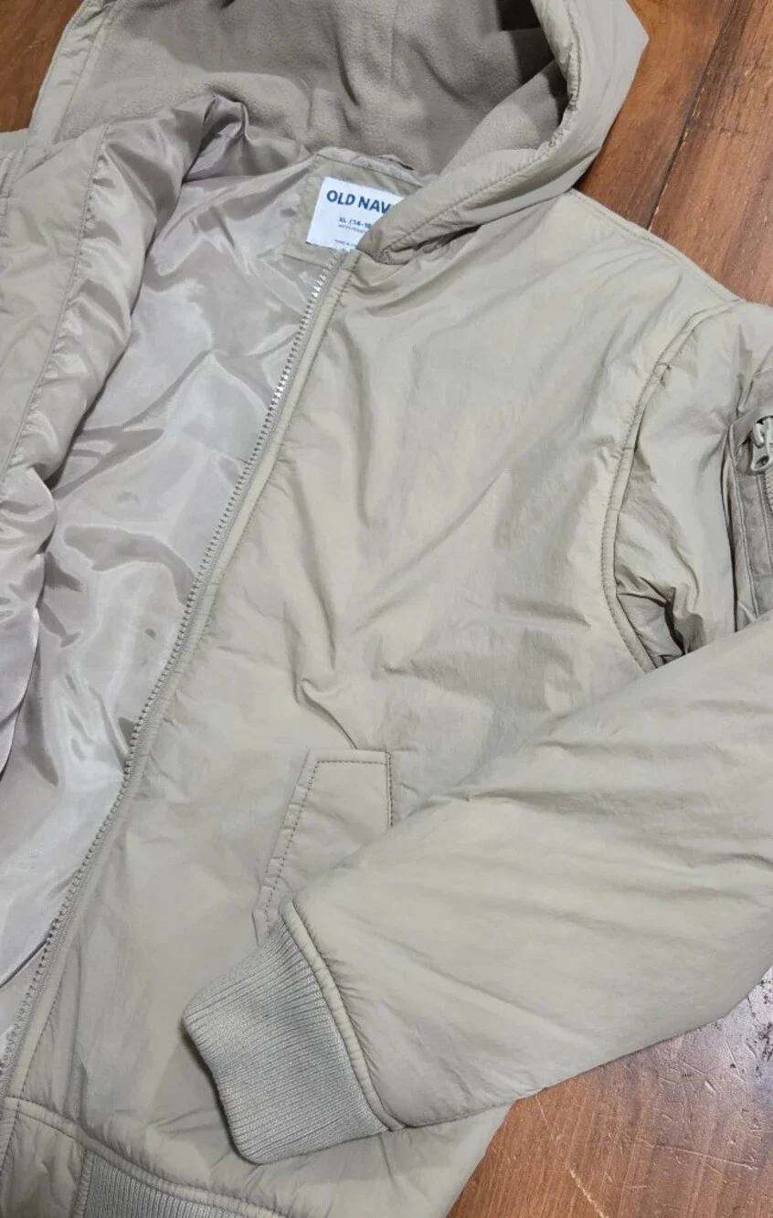 Old Navy Kids Light Beige Hooded Puffer Bomber Jacket